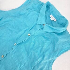J Jill Love Linen Sleeveless Shirt Womens Large Aqua Blue Button Front Tunic Top